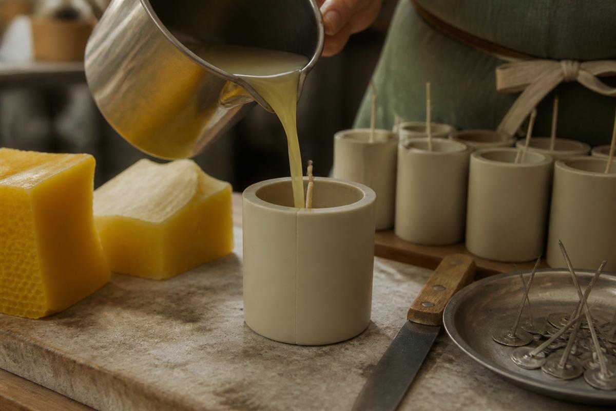 Pouring soy wax into a candle mold