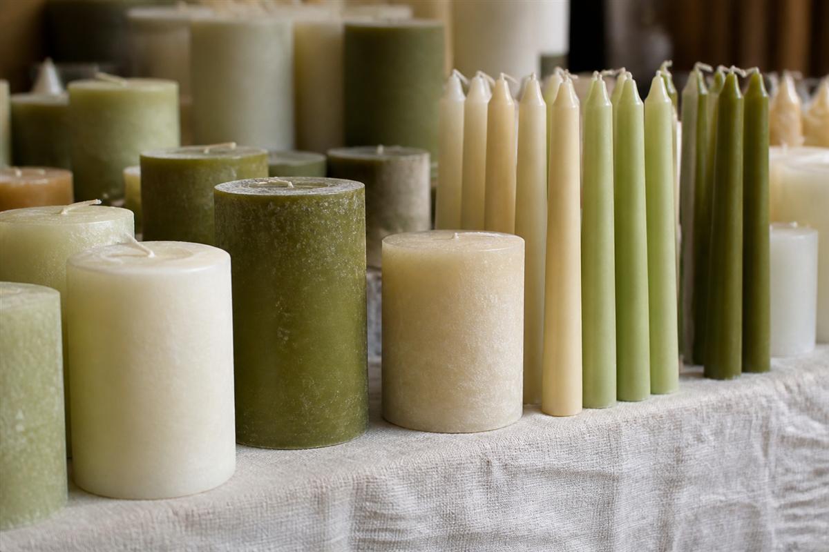 Handmade candles in cream and olive tones on linen